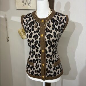 Leopard Print Sleeveless Cardigan with Gold Buttons